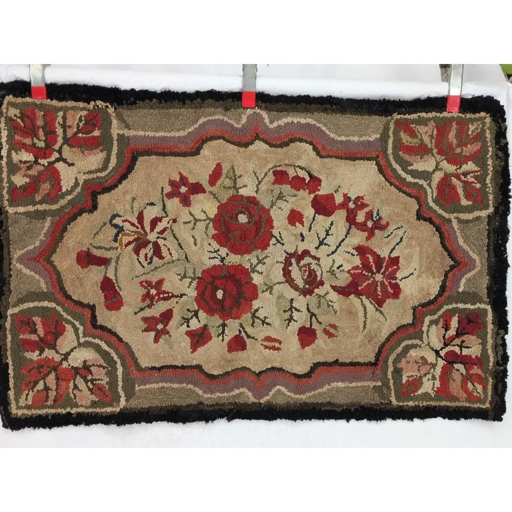 Vintage Hand Hooked Rug 24x37 Primitive Red Gold Floral Pattern Cottagecore